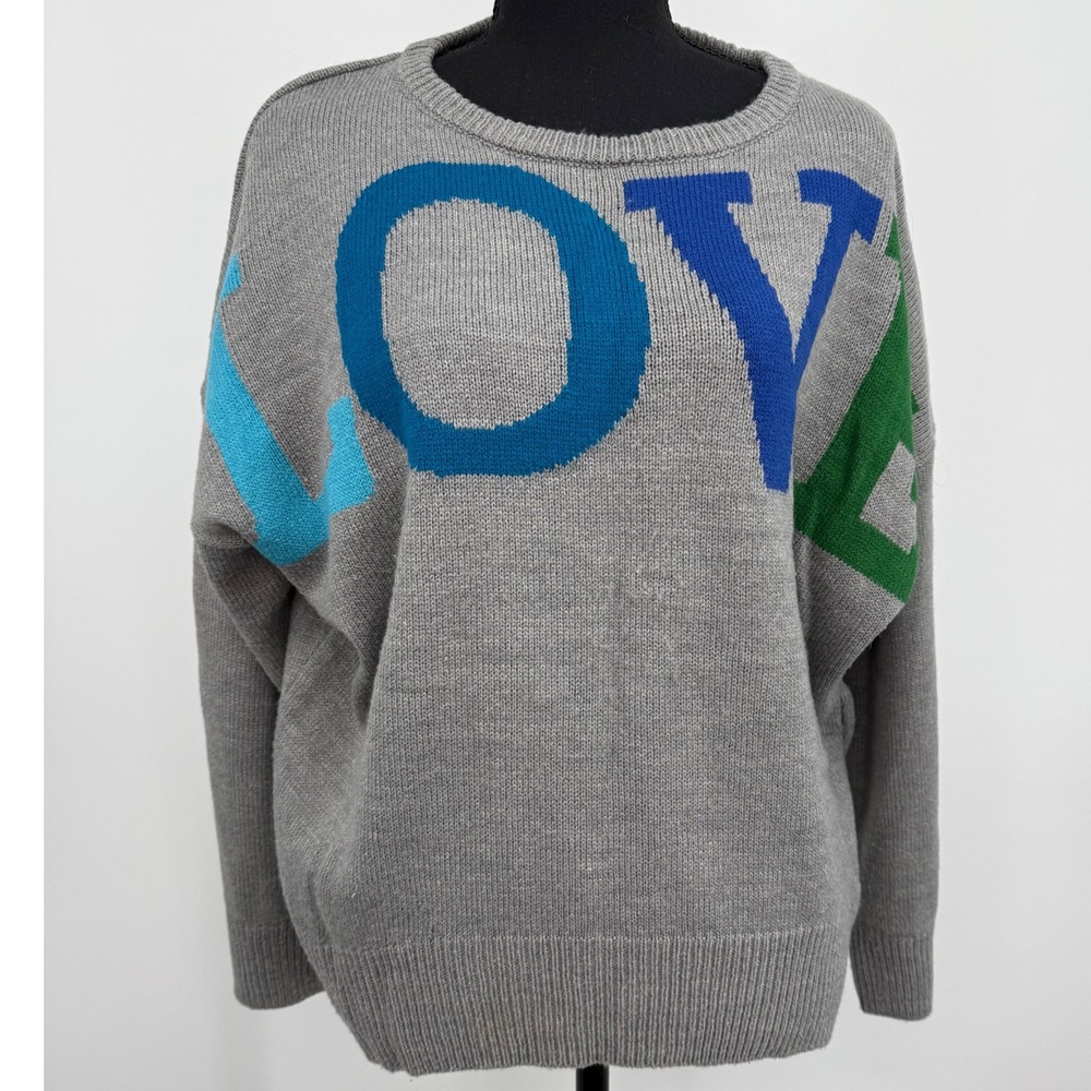 N Y & Co Women's HighLow‎ Gray LOVE Graphic Knit Crew Neck M Sweater Casual Cozy